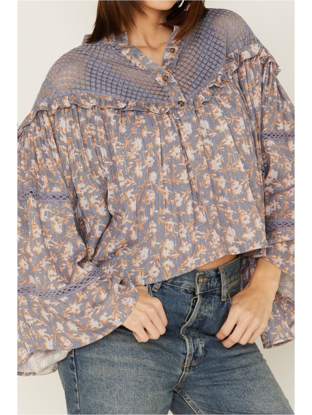 Boho Lavender Floral Peasant Blouse - Women Tops - Picture 4 of 8